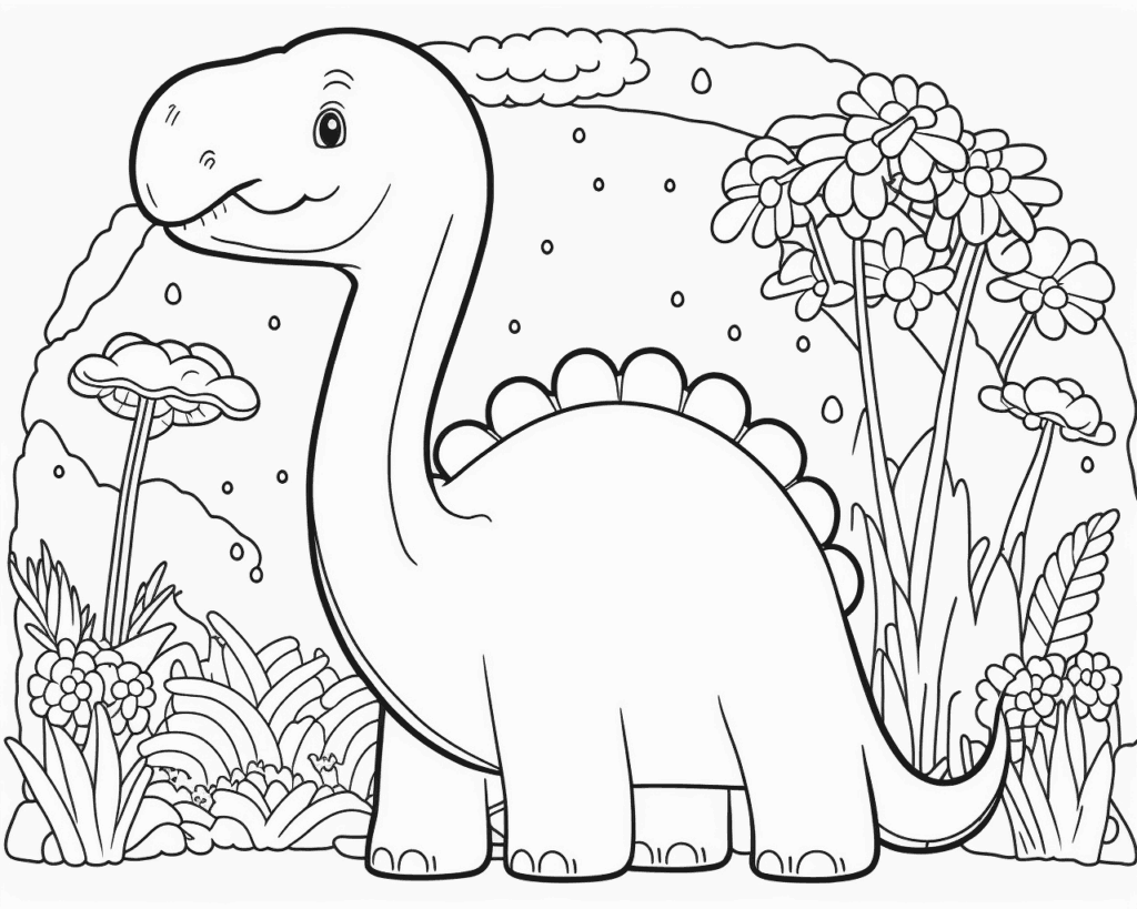 Színező egy mosolygó, hosszú nyakú dinoszaurusszal, hátán kerek ívekkel, virágok között